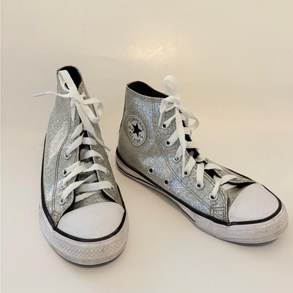 Converse all star Metallic Silver sparkle High-Tops girls size 2 good condition - Picture 1 of 8